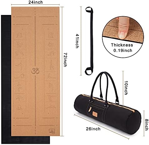 AWAKEY Cork yoga mat-Yoga mat seti-Doğal kauçuk yoga mat Çanta ve taşıma kayışı ile mantar mat Pozlar ve hizalama işaretleri