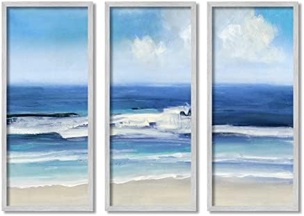 Stupell Industries Blue Beach Coast Triptych Gelen Yaz Gelgit Dalgaları, Sally Swatland tarafından Tasarlanan Gri Çerçeveli