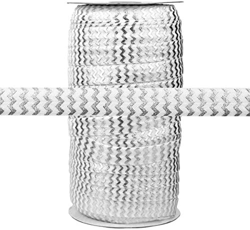 100 Metre - Beyaz üzerine Gümüş Metalik Chevron-5/8 Elastik Üzerine Katlayın-ElasticByTheYard