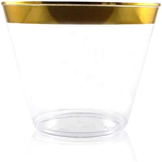 100 Altın Plastik Bardaklar - 9 oz Zarif Parti Bardakları - Şarap Şeffaf Plastik Altın Çerçeveli Bardaklar-Fantezi Tek Kullanımlık