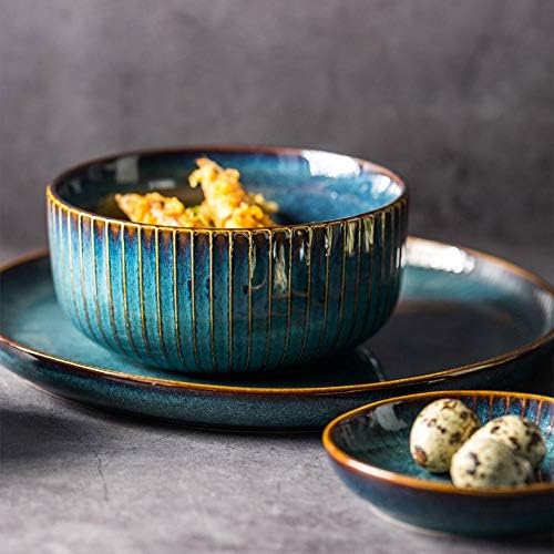 DSFEOIGY İskandinav Mavi sofra Seti Fırın Sırlı Seramik Pirinç Salatası Yuvarlak tabak yemek tabağı yemek takımı Seti (Renk: