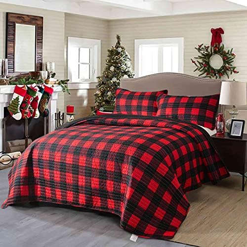 NANKO Noel Yorgan Setleri Kraliçe Boyutu 3 ADET 90X90, yatak Örtüleri Yatak Örtüsü Yatak Seti Kırmızı ve Siyah Izgara Buffalo