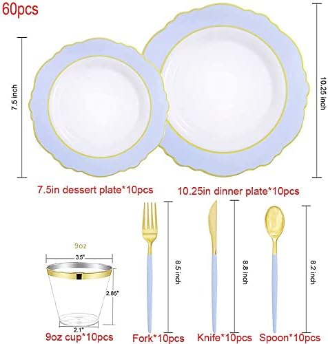 ZLYPSW 60 Pcs yemek tabakları Set mavi Plastik Tepsi İle Altın Kenar Altın Plastik Gümüş Düğün Parti Malzemeleri (Renk: Bir)