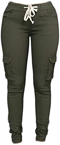 Andongnywell Womens Katı Renk Streç İpli Sıska Pantolon Kargo Joggers Popo Kaldırma Pantolon Cepler ile