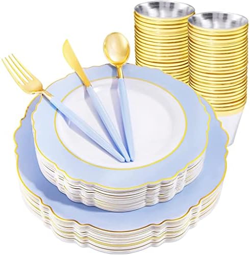 JJWC 60 Pcs yemek tabakları Set Mavi Plastik Tepsi ile Altın Kenar Altın Plastik Gümüş Düğün Parti Malzemeleri (Renk: Bir)