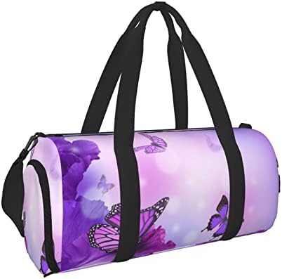 Mor çiçek kelebekler dayanıklı spor çantası spor çantası Weekender seyahat çantası spor salonu plaj için