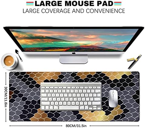 LTHAOGUO Chevron Mouse Pad, dalgalı Geometrik Şerit Hattı Siyah Beyaz ve Altın fare Altlığı - Büyük Mousepad Ofis Iş Bilgisayar