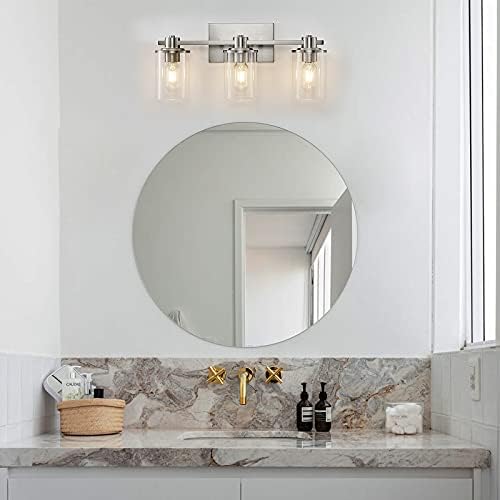 DUJAHMLAND Banyo Vanity Aydınlatma Armatürleri, Banyo Aydınlatması için Şeffaf Cam Gölgeli 3 Işıklı Fırçalanmış Nikel Metal
