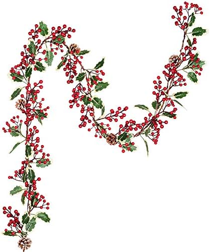 Lvydec Kırmızı Berry Çelenk Noel Dekorasyon-7ft Yapay Kırmızı Berry Çelenk ile çam kozalağı ve Yeşil Yapraklar için Tatil Şömine